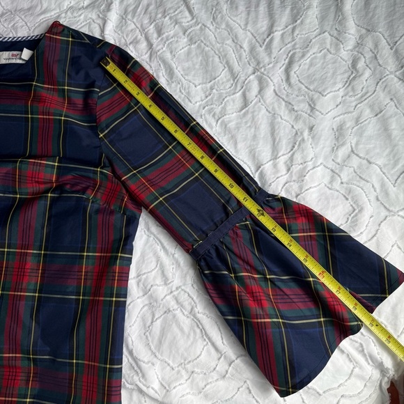 Vineyard Vines Plaid Shirt with Flared Ruffle Sleeves Navy Red Christmas Style - Picture 6 of 6
